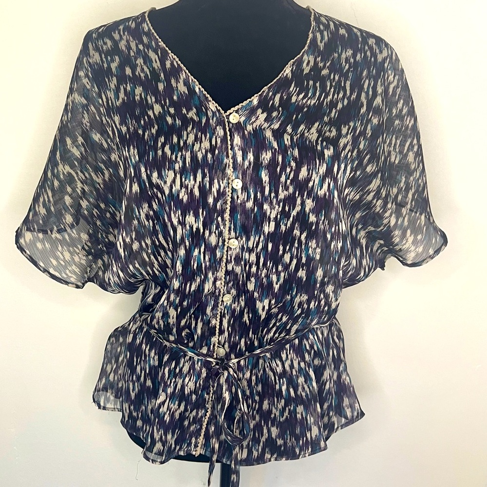 Converse One Star Sheer Abstract Print Tie Waist Peplum Blouse Small